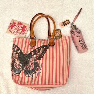 Vintage Y2K Juicy Couture Pink Stripe Sequin Butterfly Tote Bag + Umbrella NWT